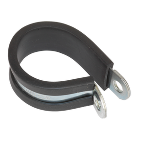 The Sealey P-Clip Rubber Lined Ø35mm Pack of 25 - PCJ35 is a zinc-plated P-clip with a black rubber lining, designed for securing cables or hoses. It features two holes for mounting and complies with DIN 3016 standards.