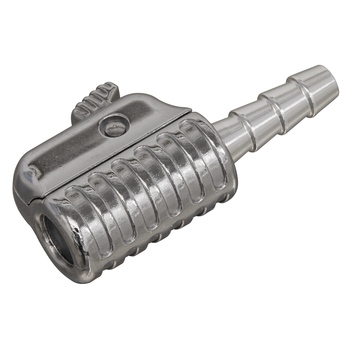 The Sealey Straight Swivel Tyre Inflator Clip-On Connector PCL6ST features a silver, metallic design with a ribbed grip, a barbed end, and 360° swivel motion for enhanced versatility.