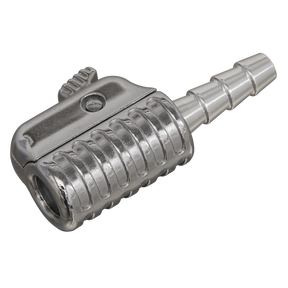 The Sealey Straight Swivel Tyre Inflator Clip-On Connector PCL6ST features a silver, metallic design with a ribbed grip, a barbed end, and 360° swivel motion for enhanced versatility.