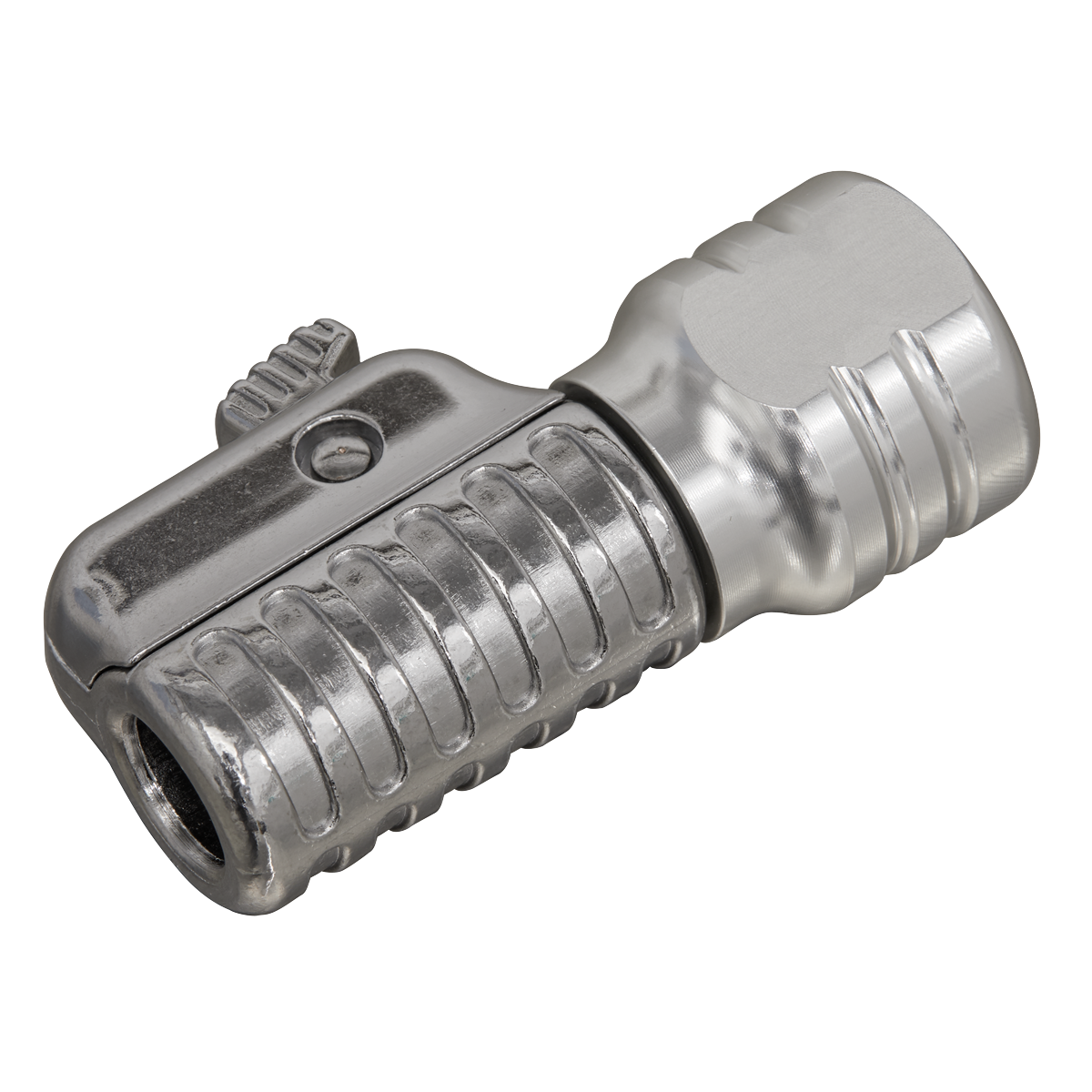 Close-up of the Sealey Straight Swivel Tyre Inflator Clip-On Connector 1/4"BSP(F) - PCL6S, a metallic, cylindrical mechanical part with ridges and an adjustable knob on the side, resembling a quick release coupling.