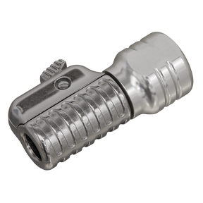 Close-up of the Sealey Straight Swivel Tyre Inflator Clip-On Connector 1/4"BSP(F) - PCL6S, a metallic, cylindrical mechanical part with ridges and an adjustable knob on the side, resembling a quick release coupling.