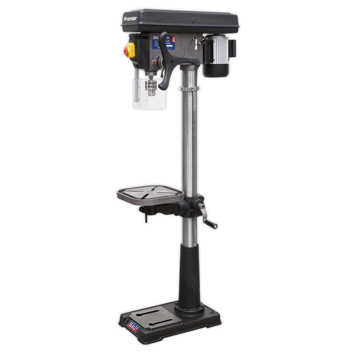 Introducing the Sealey Pillar Drill Floor 16-Speed PDM210F, standing at an impressive 1610mm height. This professional-grade drill press features a vertical column, adjustable work table, and a safety guard around the drill bit. Its heavy-duty motor is mounted on top, making it ideal for any professional workshop. Powered by a reliable 230V supply, this equipment ensures efficiency and precision in all your drilling tasks.