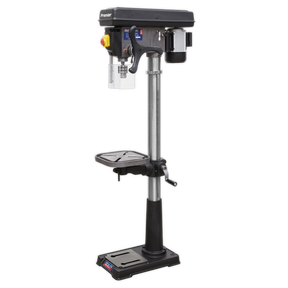 Introducing the Sealey Pillar Drill Floor 16-Speed PDM210F, standing at an impressive 1610mm height. This professional-grade drill press features a vertical column, adjustable work table, and a safety guard around the drill bit. Its heavy-duty motor is mounted on top, making it ideal for any professional workshop. Powered by a reliable 230V supply, this equipment ensures efficiency and precision in all your drilling tasks.