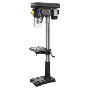 Introducing the Sealey Pillar Drill Floor 16-Speed PDM210F, standing at an impressive 1610mm height. This professional-grade drill press features a vertical column, adjustable work table, and a safety guard around the drill bit. Its heavy-duty motor is mounted on top, making it ideal for any professional workshop. Powered by a reliable 230V supply, this equipment ensures efficiency and precision in all your drilling tasks.