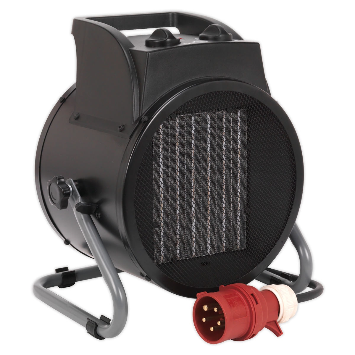 The Sealey Industrial PTC Fan Heater 5000W 415V 3ph - PEH5001 is a portable electric fan heater with a sleek cylindrical design and black casing. It features a cooling fan, advanced PTC heat conducting ceramic technology, and comes equipped with an industrial-strength 3-phase power cable that includes a red plug cord attachment at the front.