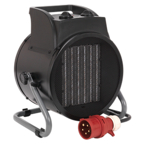 The Sealey Industrial PTC Fan Heater 5000W 415V 3ph - PEH5001 is a portable electric fan heater with a sleek cylindrical design and black casing. It features a cooling fan, advanced PTC heat conducting ceramic technology, and comes equipped with an industrial-strength 3-phase power cable that includes a red plug cord attachment at the front.