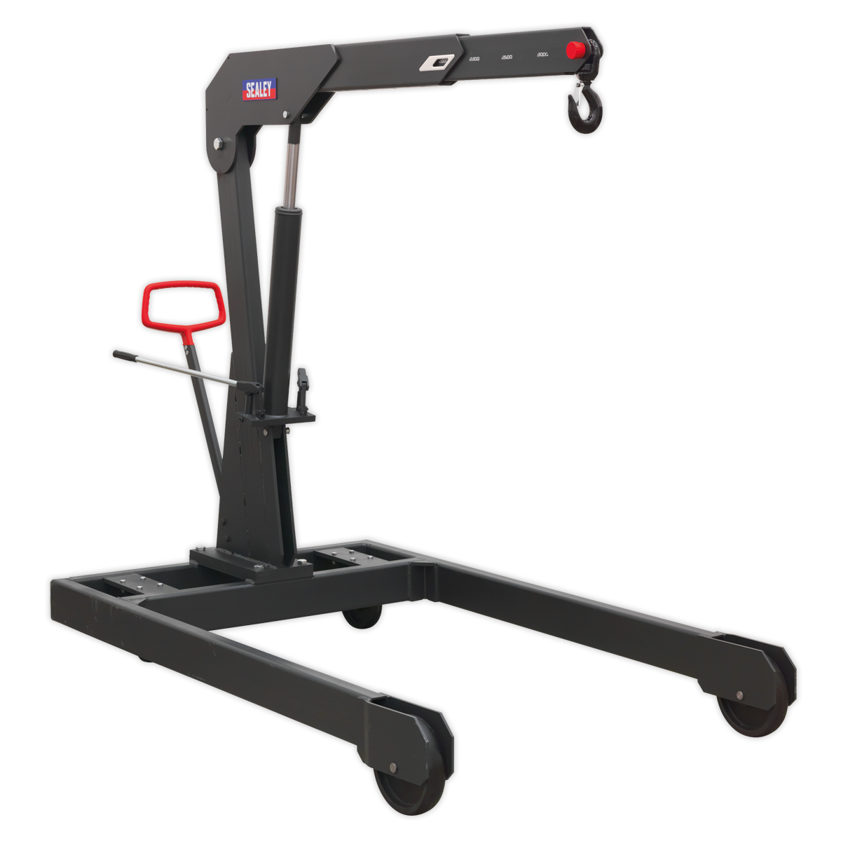 A black Premier Engine Crane 3 Tonne - Fixed (PFC301) by Sealey comes with wheels, a red handle, and a 4-position beam. This heavy-duty crane is equipped with a robust forged hook for reliable lifting tasks.