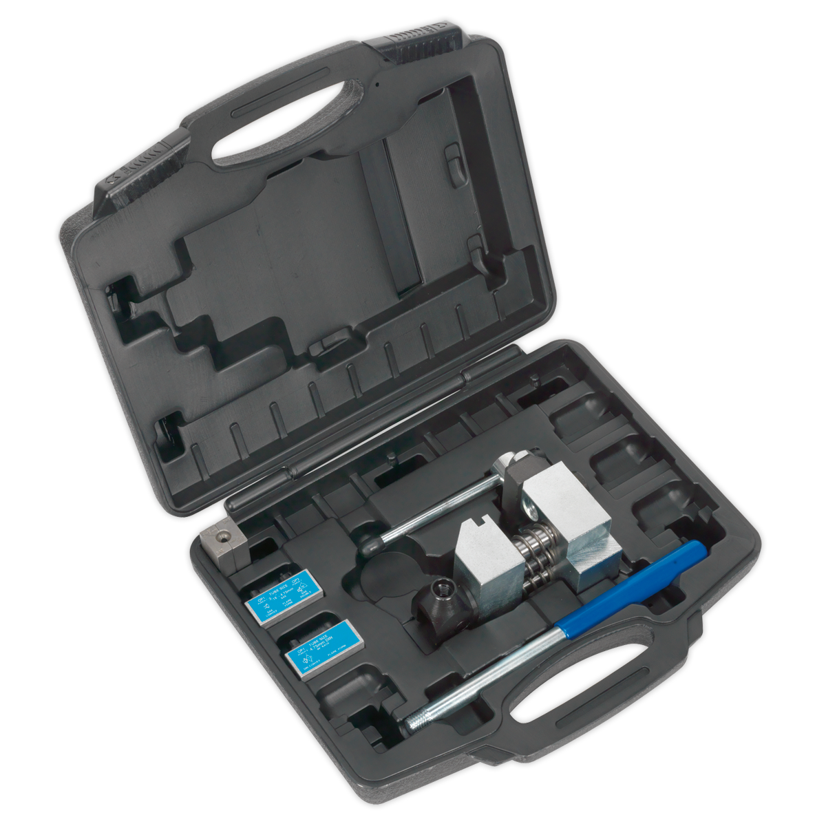 Open black plastic carrying case containing the Sealey Brake Pipe Flaring Kit 3/16" SAE, 4.75mm DIN (PFT/02) with various attachments, SAE and DIN dies, and a blue-handled tool, perfect for working on automotive double flares.