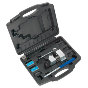 Open black plastic carrying case containing the Sealey Brake Pipe Flaring Kit 3/16" SAE, 4.75mm DIN (PFT/02) with various attachments, SAE and DIN dies, and a blue-handled tool, perfect for working on automotive double flares.