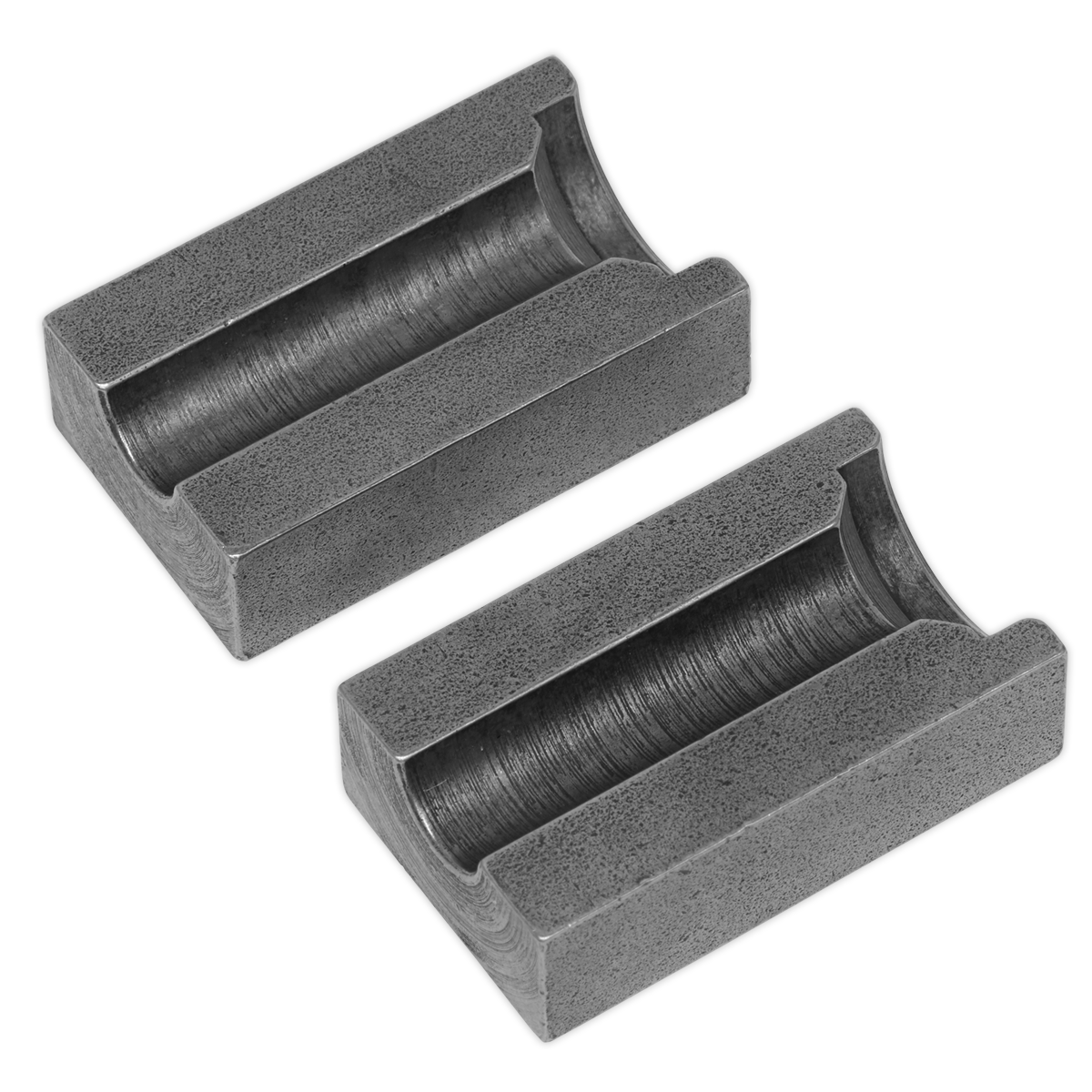 Two Sealey Clamp Blocks 3/8" for PFT07 (PFT07.04), each with a 3/8" clamp block design and identical rectangular metal forms, feature curved inner grooves and are positioned side by side.