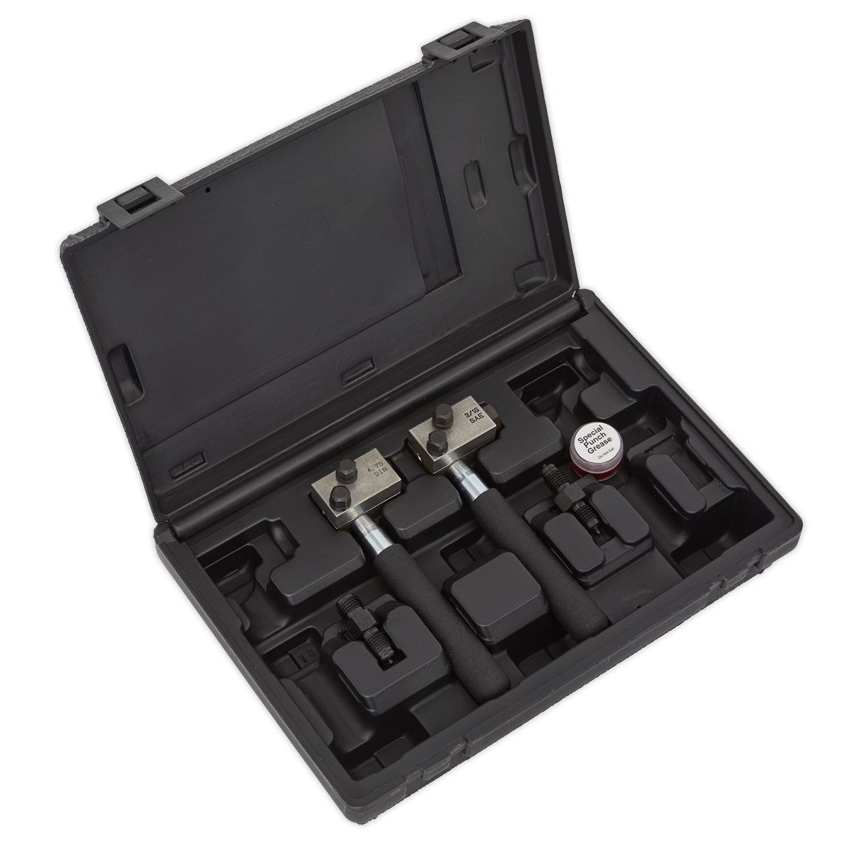 The Sealey On-Vehicle Micro Brake Pipe Flaring Tool Set - PFT11 includes specialized metal tools and accessories for brake pipe maintenance, all housed in a black plastic case with neatly arranged foam compartments. It's perfect for creating automotive SAE or DIN flares.