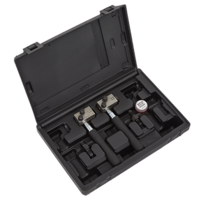 The Sealey On-Vehicle Micro Brake Pipe Flaring Tool Set - PFT11 includes specialized metal tools and accessories for brake pipe maintenance, all housed in a black plastic case with neatly arranged foam compartments. It's perfect for creating automotive SAE or DIN flares.