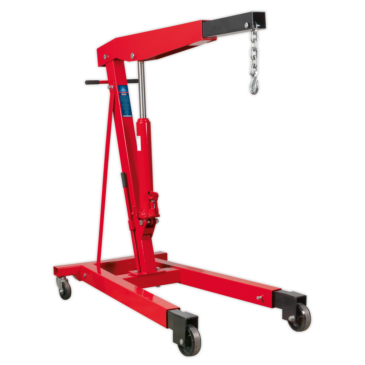 The Sealey Fixed Frame Engine Crane with Extendable Legs 3 Tonne - PH30 is a red hydraulic hoist featuring a lifting arm, hook, and chain. Designed for industrial use, it boasts a wheeled base with heavy-duty castors for mobility and an adjustable boom that can handle heavy engines and machinery up to a 3000kg lifting capacity.