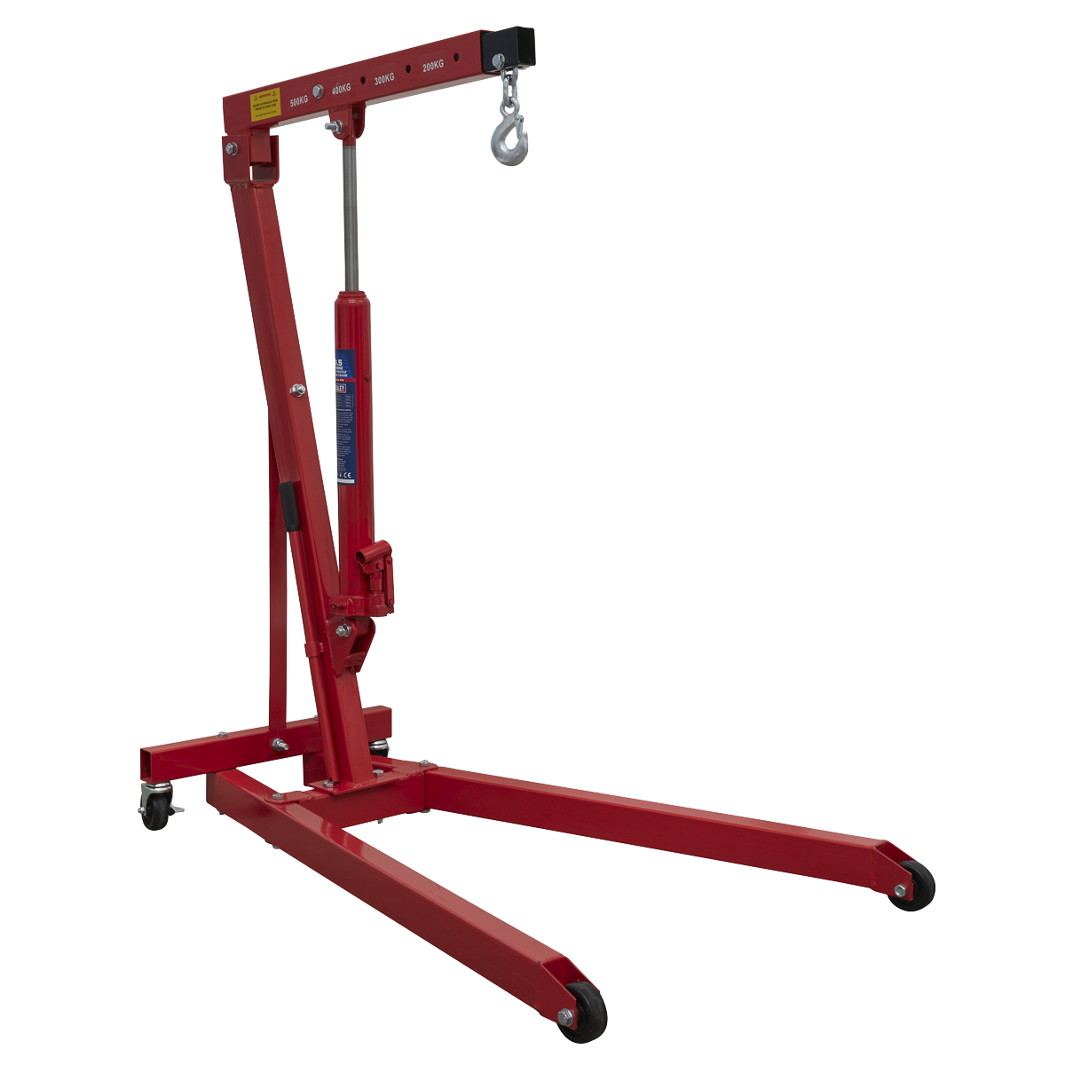 The Sealey Low Profile Engine Crane 0.5 Tonne - PH5 is a red hydraulic engine crane featuring a lifting hook on top and supported by four heavy-duty castors for enhanced mobility, making it both lightweight and manoeuvrable.