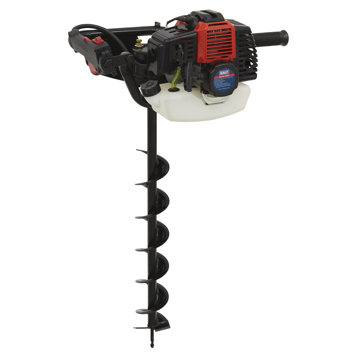 The Sealey Petrol Earth Auger 2-Stroke - PHA100 is a handheld, gas-powered tool featuring a powerful 52cc petrol motor and a red and black engine. It comes equipped with a helical metal drill bit for efficient hole drilling and includes an auger brake for added safety.