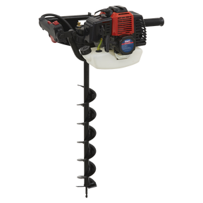 The Sealey Petrol Earth Auger 2-Stroke - PHA100 is a handheld, gas-powered tool featuring a powerful 52cc petrol motor and a red and black engine. It comes equipped with a helical metal drill bit for efficient hole drilling and includes an auger brake for added safety.