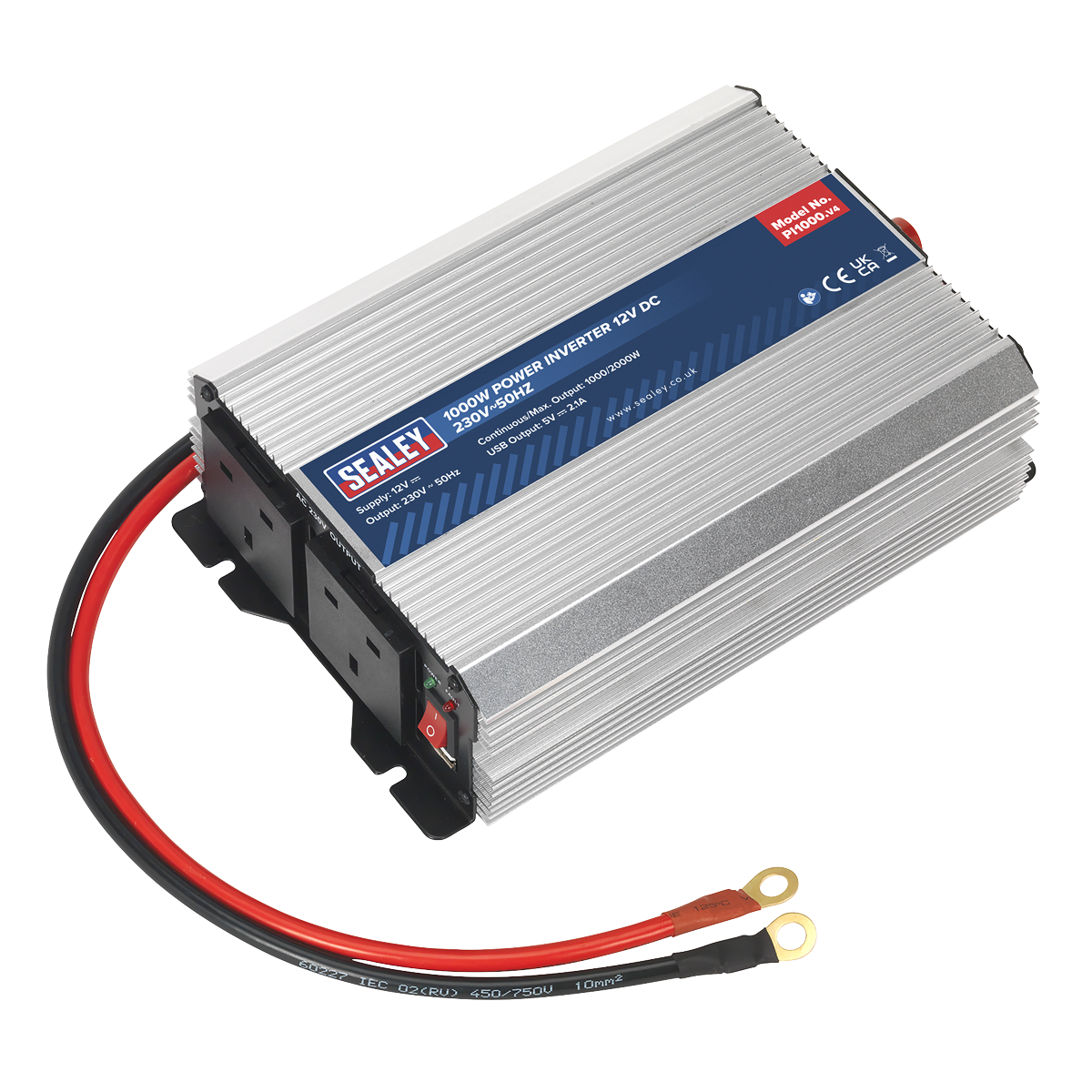 Image of a Sealey Power Inverter 1000W 12V DC to 230V~50Hz - PI1000, featuring dual AC outlets, red and black power cables, advanced safety features, and a convenient USB port.