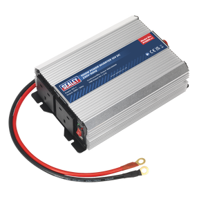 Image of a Sealey Power Inverter 1000W 12V DC to 230V~50Hz - PI1000, featuring dual AC outlets, red and black power cables, advanced safety features, and a convenient USB port.
