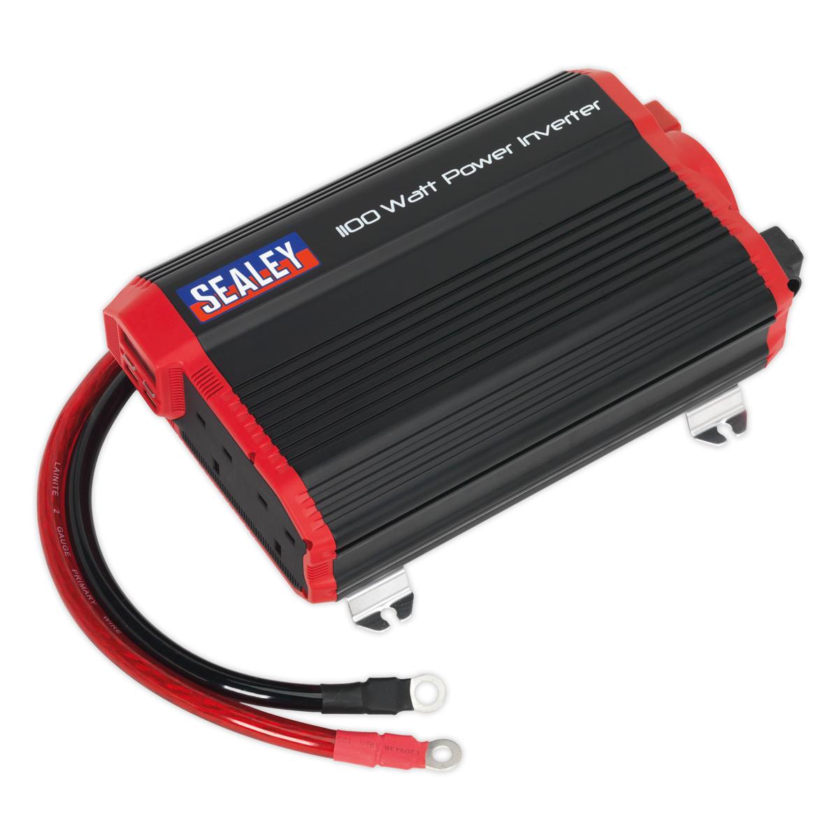 A black and red Sealey power inverter, model PI1100, providing 1100 Watts of modified sine wave power at 12V DC to 230V ~ 50Hz, complete with attached cables and USB charging ports.