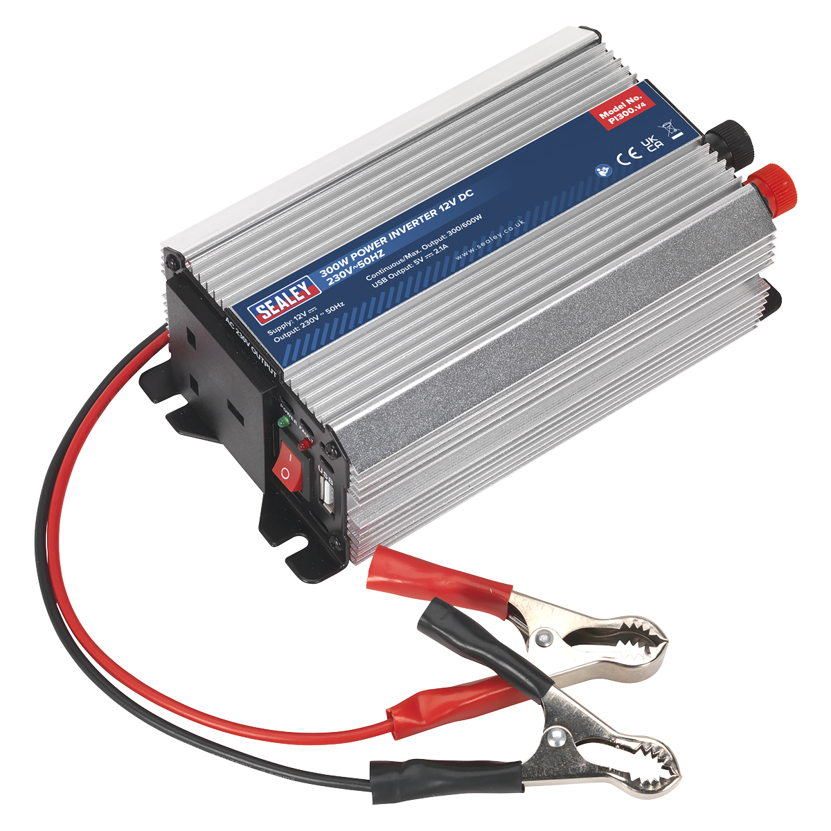 Image of the Sealey Power Inverter 300W 12V DC - 230V~50Hz - PI300 featuring a silver ribbed casing, attached red and black cables with alligator clips, and a USB port. This versatile inverter provides a reliable 230V power supply for various devices.