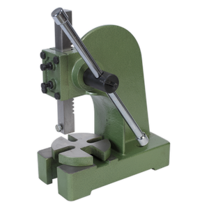 The Sealey Arbor Press 1 Tonne - PK1000 features a cast steel frame, lever handle, and a four-slot base, making it ideal for repetitive manufacturing operations.