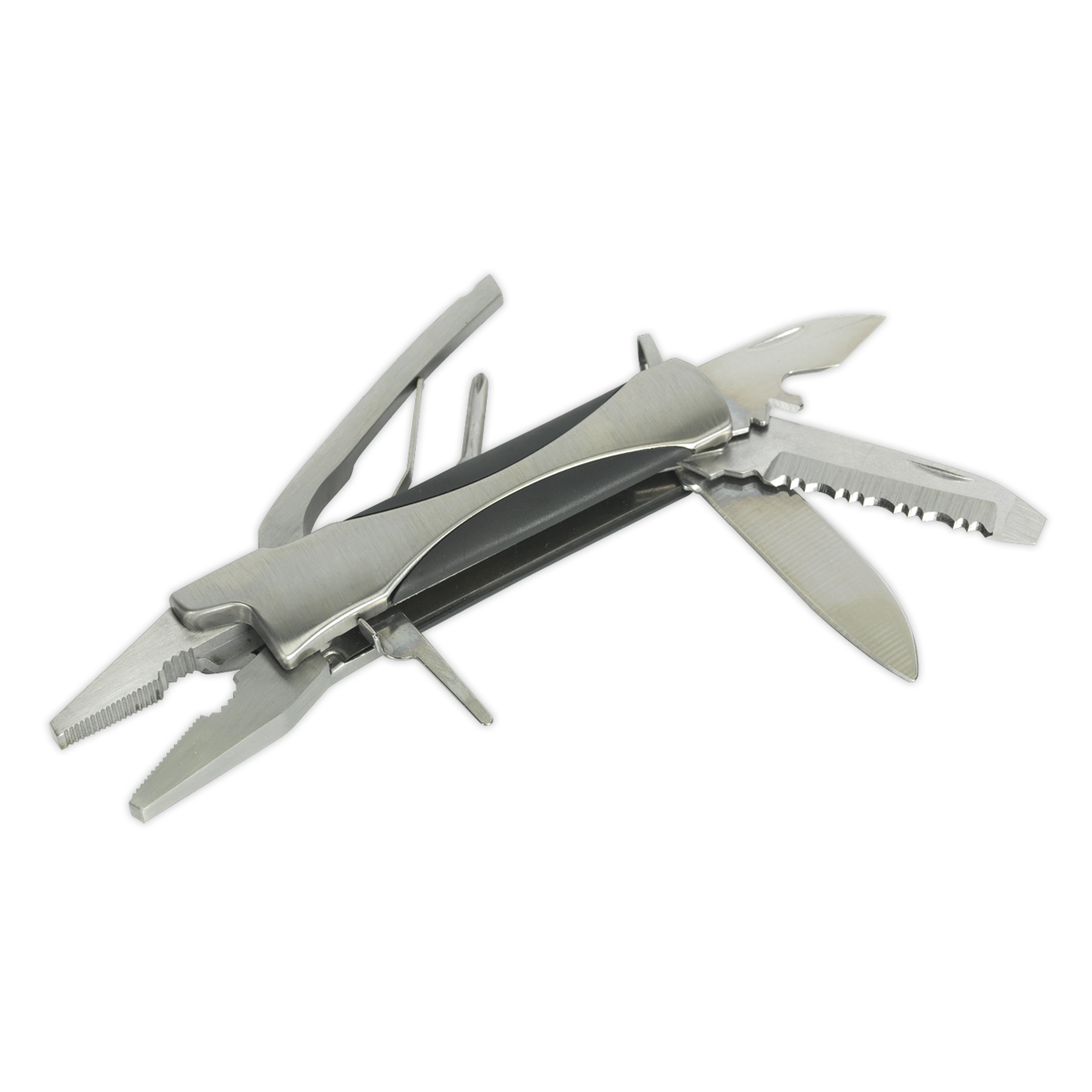 The Sealey Multi-Tool 10-Function - PK10 is a high-quality stainless steel multi-tool featuring functions such as pliers, a serrated knife, a straight blade, and other utility tools suitable for professional use.