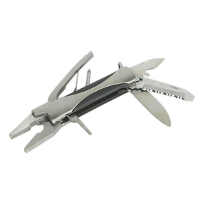 The Sealey Multi-Tool 10-Function - PK10 is a high-quality stainless steel multi-tool featuring functions such as pliers, a serrated knife, a straight blade, and other utility tools suitable for professional use.