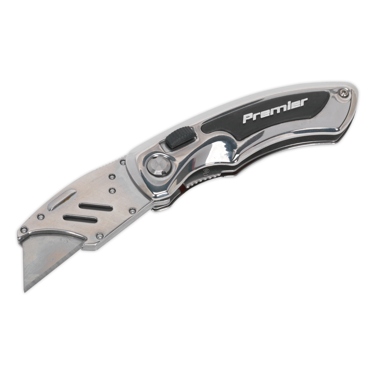 A locking pocket knife with a quick-change blade, presenting a sleek metal body with black accents, branded under the name "Sealey." This cutting-edge tool, from the Sealey Hand Tools lineup, features reversible high carbon steel blades for durability and precision.