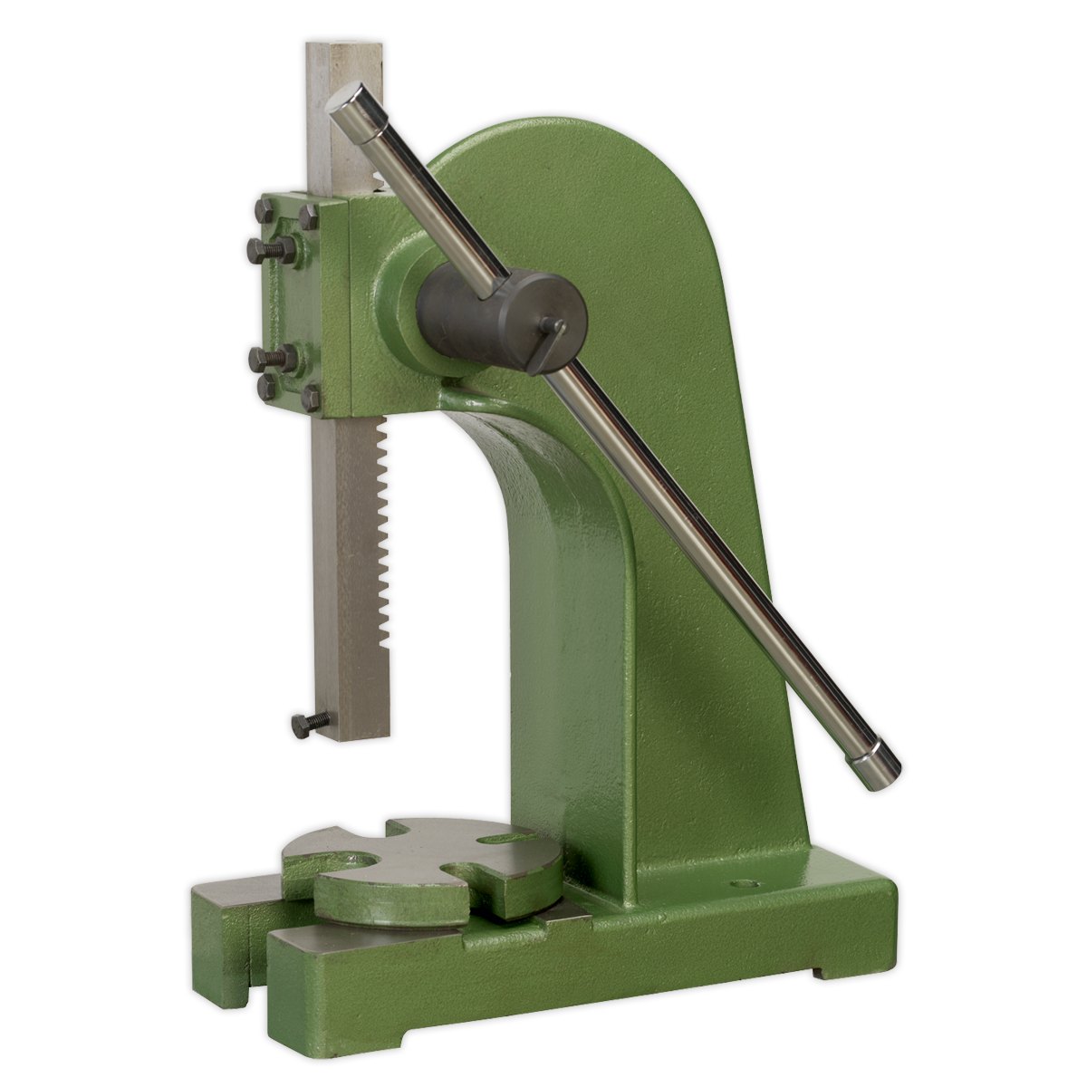 The Sealey Arbor Press 3 Tonne - PK3000 is a green, manually operated arbor press with a cast steel frame, lever arm, and gear mechanism designed for applying force to assemble or disassemble components; ideal for repetitive manufacturing operations.