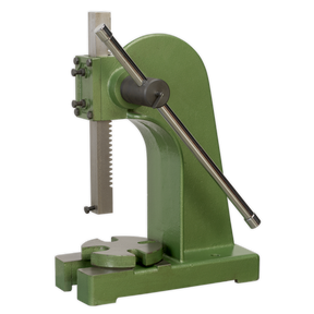 The Sealey Arbor Press 3 Tonne - PK3000 is a green, manually operated arbor press with a cast steel frame, lever arm, and gear mechanism designed for applying force to assemble or disassemble components; ideal for repetitive manufacturing operations.