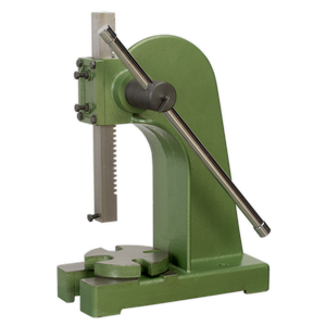 The Sealey Arbor Press 3 Tonne - PK3000 is a green, manually operated arbor press with a cast steel frame, lever arm, and gear mechanism designed for applying force to assemble or disassemble components; ideal for repetitive manufacturing operations.