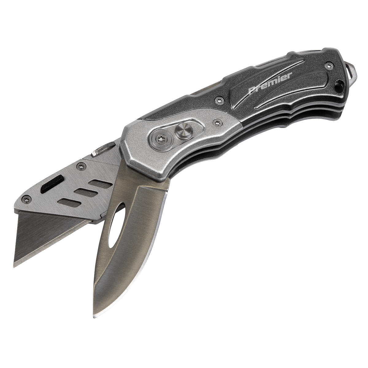 A folding pocket knife with two partially extended utility blades, featuring a stainless steel handle and the brand name "Sealey" engraved on it, known as the Pocket Knife Locking Twin-Blade - PK37.