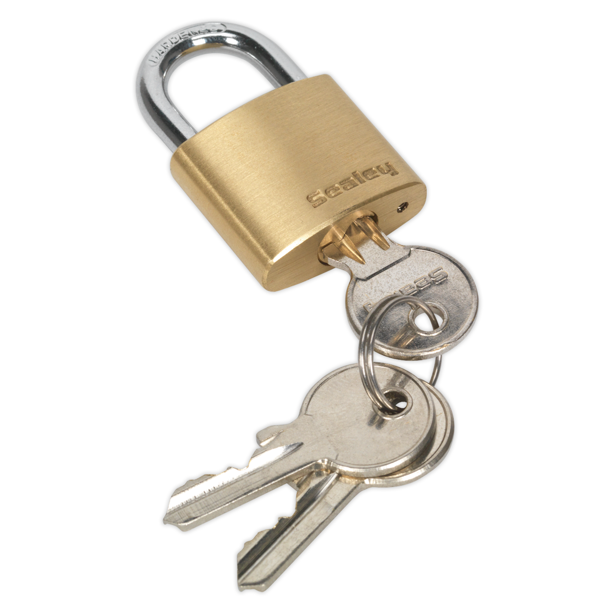 The Sealey Brass Body Padlock 30mm - PL100 features a brass-colored, corrosion-resistant body with a hardened steel shackle and includes two keys on a keyring.