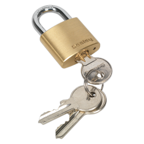 The Sealey Brass Body Padlock 30mm - PL100 features a brass-colored, corrosion-resistant body with a hardened steel shackle and includes two keys on a keyring.