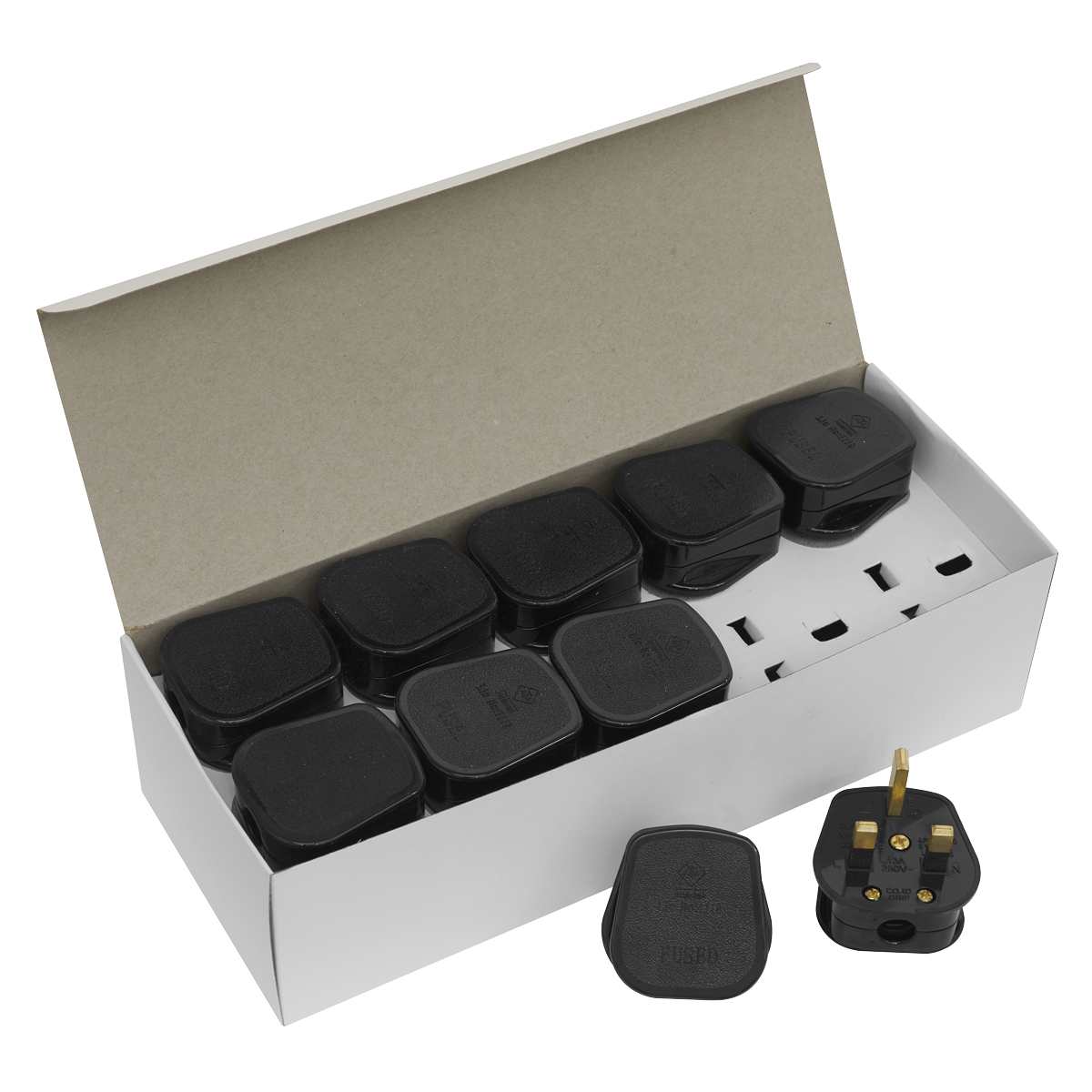 An open white box contains multiple black Sealey Plug 13p UK electrical plugs arranged neatly inside, each a Black 13Amp plug complying with BS 1363. One ASTA Approved Sealey Plug is placed outside the box for display.