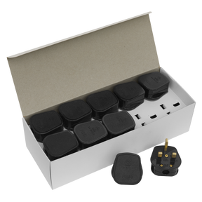 An open white box contains multiple black Sealey Plug 13p UK electrical plugs arranged neatly inside, each a Black 13Amp plug complying with BS 1363. One ASTA Approved Sealey Plug is placed outside the box for display.