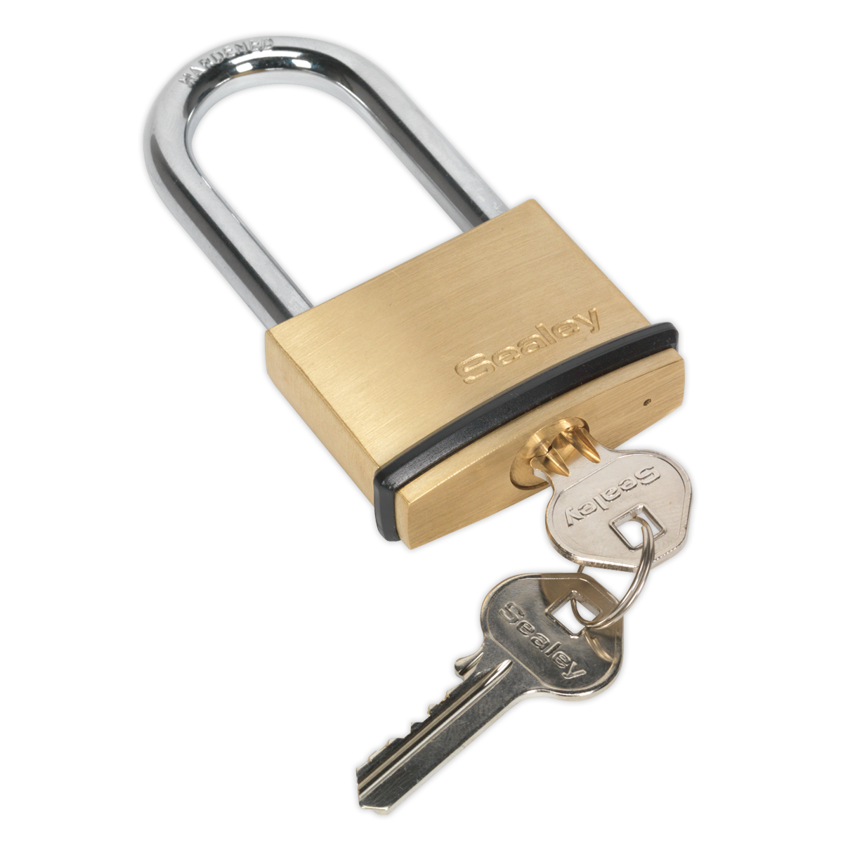 A Sealey Brass Body Padlock Long Shackle 50mm (PL202L) that is key-operated with two included keys. This padlock features a corrosion-resistant chrome shackle made from hardened steel and has the "Sealey" brand inscribed on it.