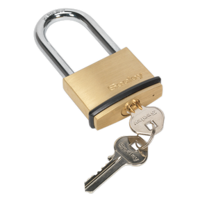A Sealey Brass Body Padlock Long Shackle 50mm (PL202L) that is key-operated with two included keys. This padlock features a corrosion-resistant chrome shackle made from hardened steel and has the "Sealey" brand inscribed on it.