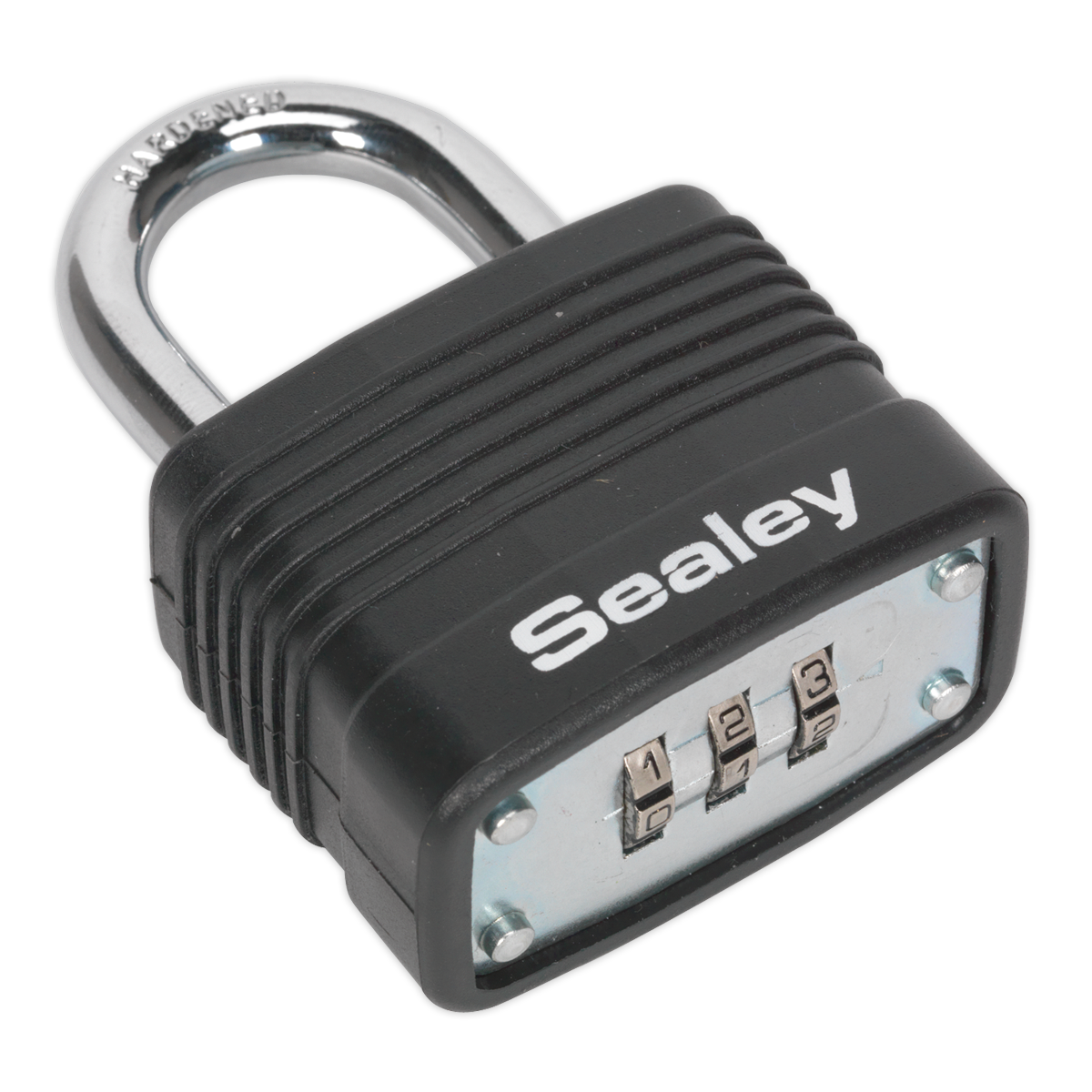 A black Steel Body Combination Padlock 40mm - PL301C with a steel chrome finished shackle. The lock displays the brand "Sealey" and has a three-digit combination dial.