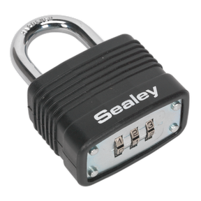 A black Steel Body Combination Padlock 40mm - PL301C with a steel chrome finished shackle. The lock displays the brand "Sealey" and has a three-digit combination dial.