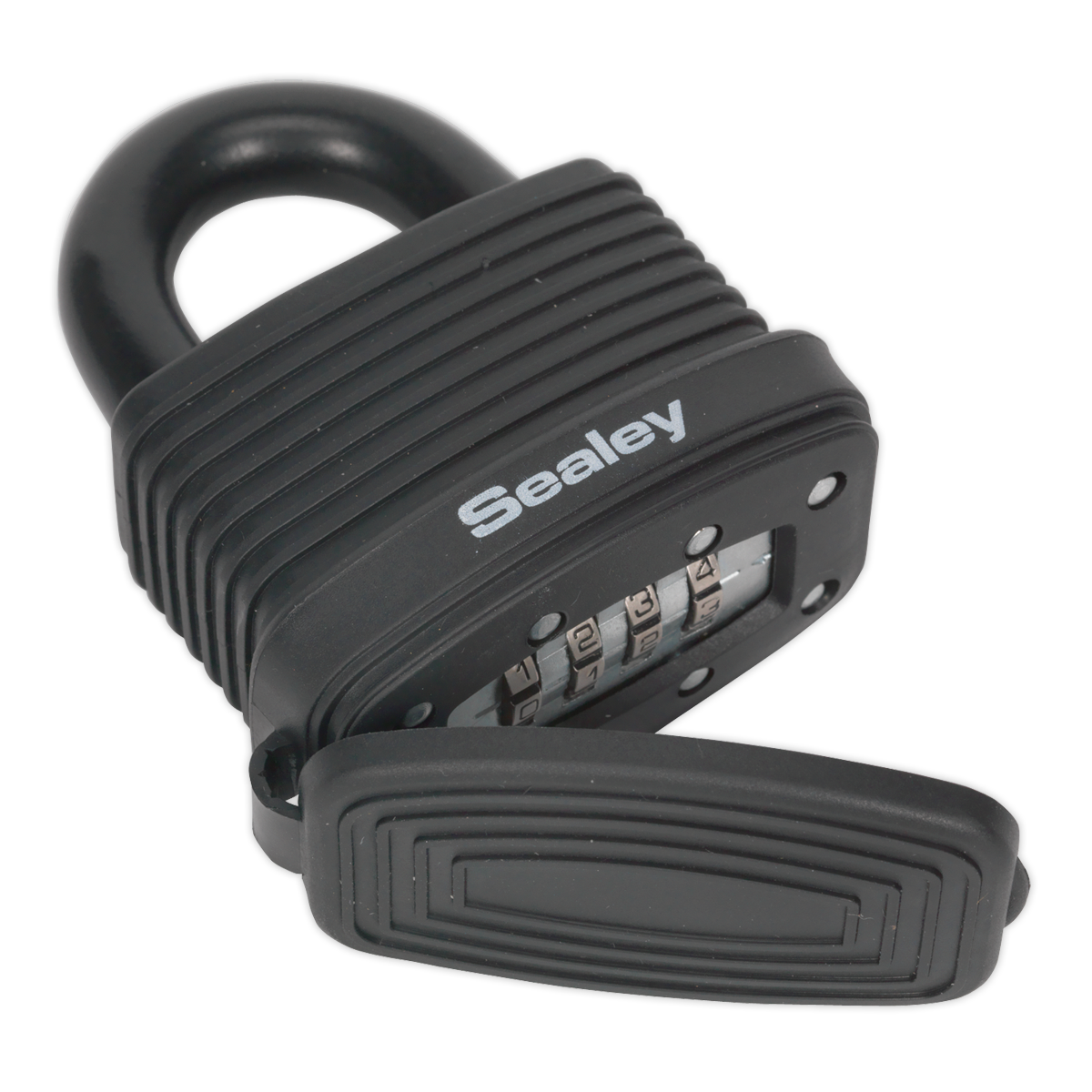 A Sealey Steel Body Weatherproof Combination Padlock 48mm (PL302CW) with a black cover reveals its steel shackle and four-digit tumbler.