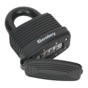 A Sealey Steel Body Weatherproof Combination Padlock 48mm (PL302CW) with a black cover reveals its steel shackle and four-digit tumbler.