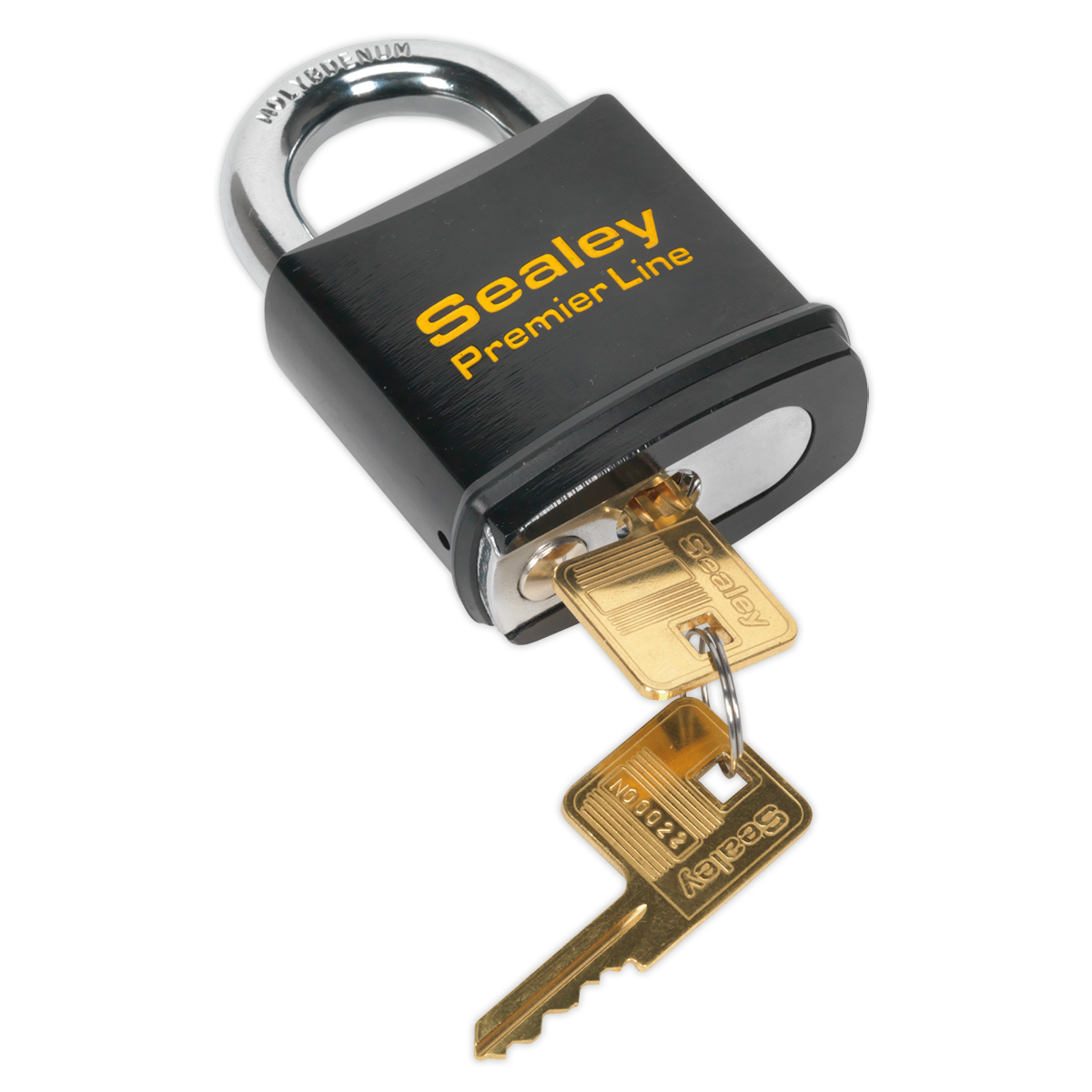 A Sealey Steel Body Padlock 61mm - PL503 with two golden keys inserted into the keyhole, featuring a stainless steel shackle for added durability.