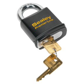 A Sealey Steel Body Padlock 61mm - PL503 with two golden keys inserted into the keyhole, featuring a stainless steel shackle for added durability.