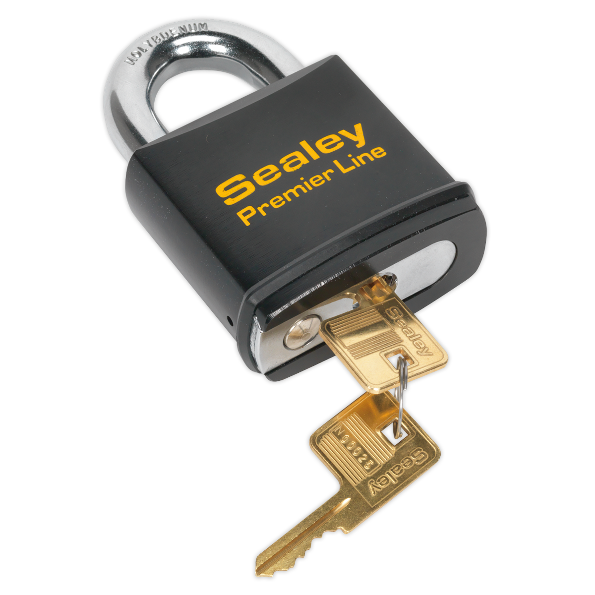 A black Sealey Steel Body Padlock 70mm - PL504 with "Premier Line" text engraved, featuring a heavy-duty steel construction and an anti-drill, 6-pin brass cylinder. It is shown with two gold-colored keys inserted in the lock.