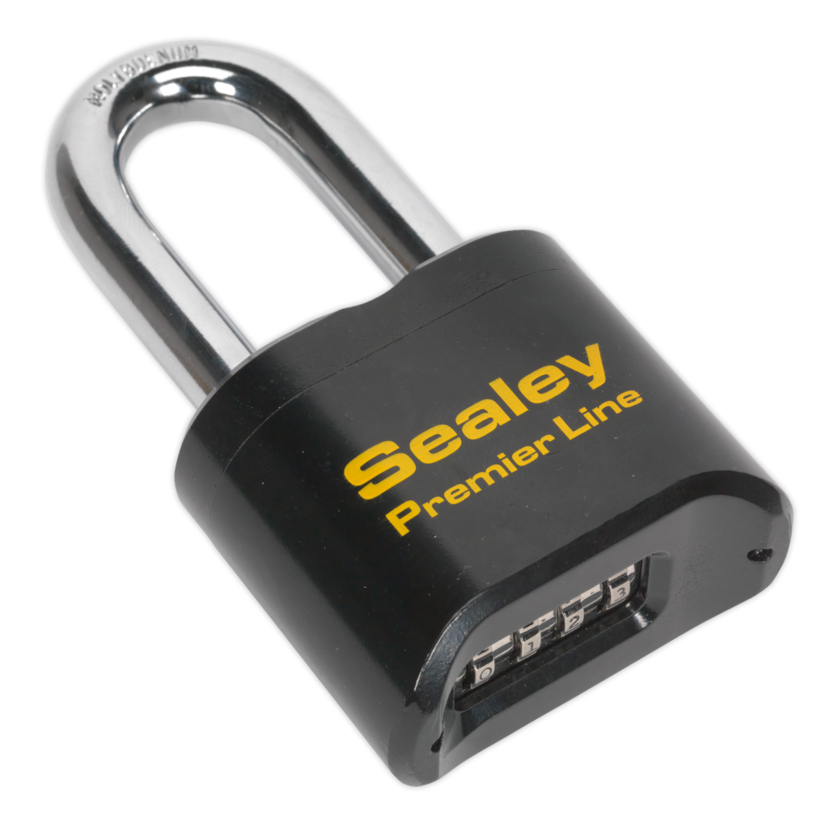 A Sealey Steel Body Combination Padlock Long Shackle 62mm (PL603L) featuring a weather-protected steel shackle, black body, and distinctive yellow branding.