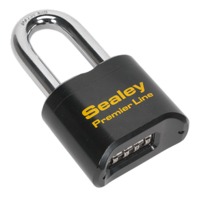 A Sealey Steel Body Combination Padlock Long Shackle 62mm (PL603L) featuring a weather-protected steel shackle, black body, and distinctive yellow branding.