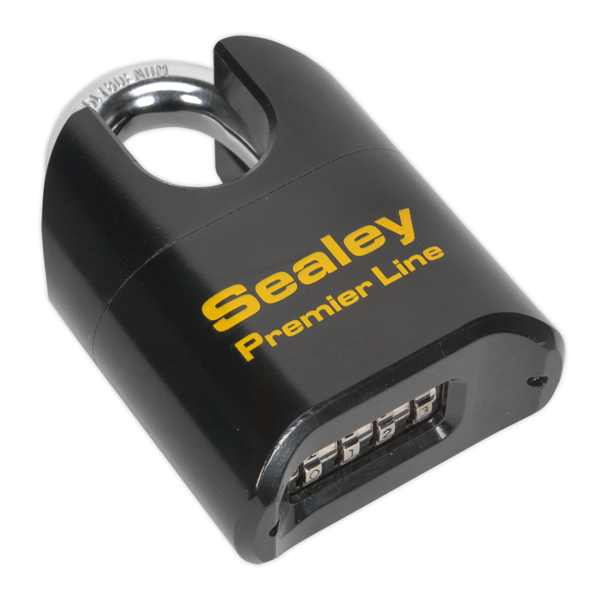 A black Sealey Steel Body Combination Padlock Shrouded Shackle 62mm (PL603S) with yellow branding text and a visible dial mechanism.