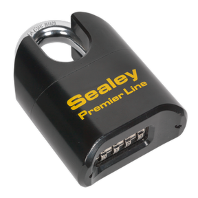 A black Sealey Steel Body Combination Padlock Shrouded Shackle 62mm (PL603S) with yellow branding text and a visible dial mechanism.