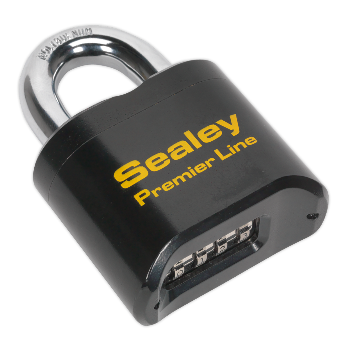 The Steel Body Combination Padlock 62mm - PL603, featuring the brand name "Sealey" Premier Line printed in yellow on its black body, ensures maximum security with its heavy-duty construction.